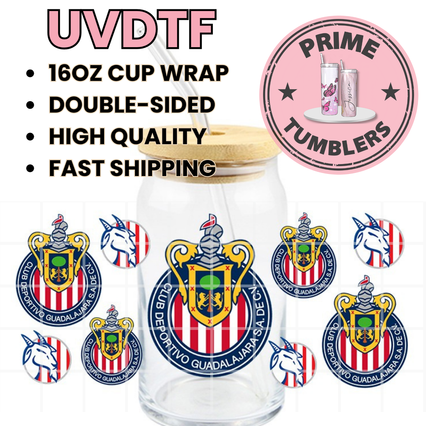 Chivas Mexico soccer team Ready-to-press UVDTF Transfers, Cup wrap decals, Tumbler prints, 16oz Libbey Glass UV STICKERS