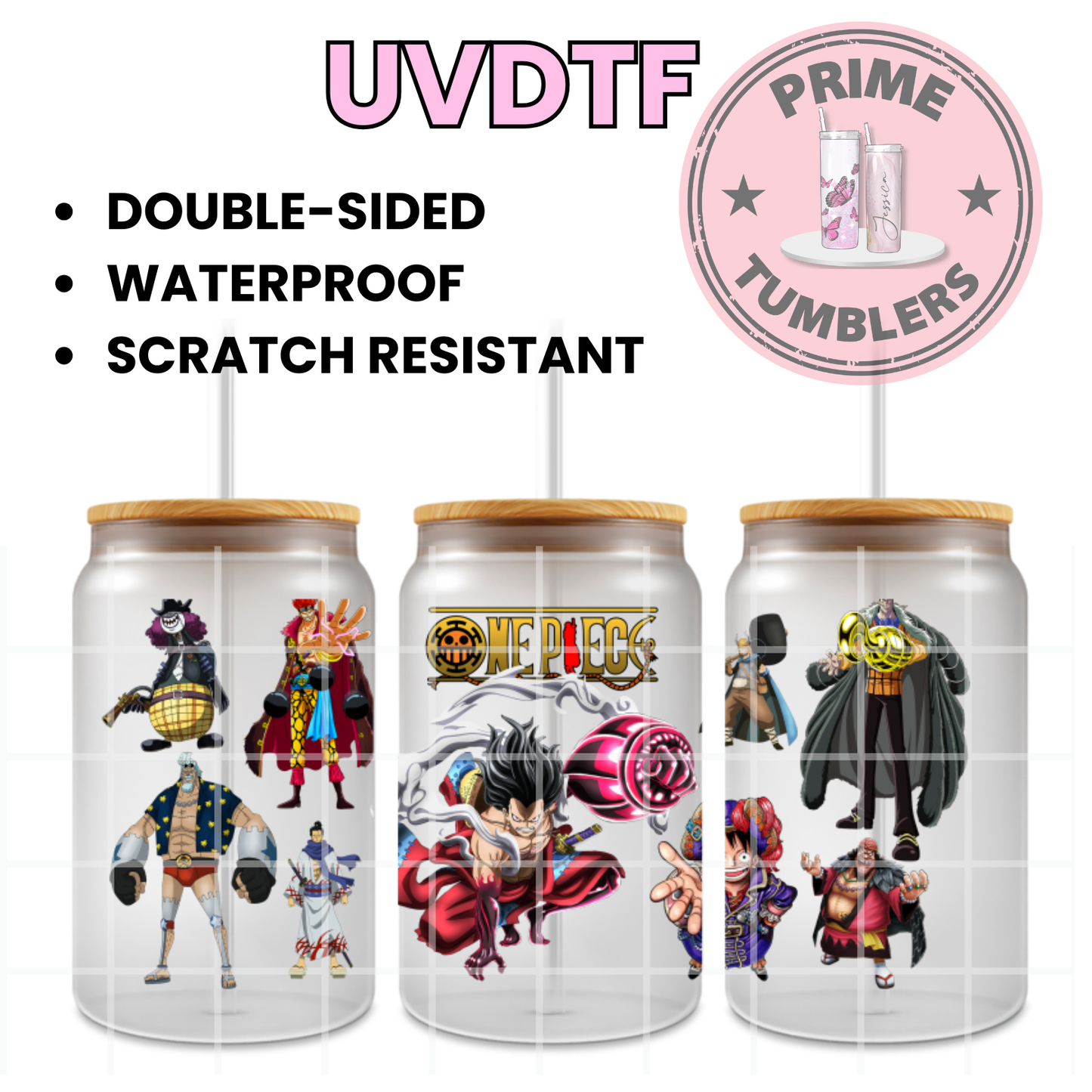 ONE PIECE Ready-to-press UVDTF Transfers, Cup wrap decals, Tumbler prints, 16oz Libbey Glass UV STICKERS Monkey D. Luffy, Gear 5, Charlotte Katakuri, Eustass Kid, Franky, and Trafalgar Law Issho (Fujitora), Sengoku, and Marshall D. Teach (Blackbeard)