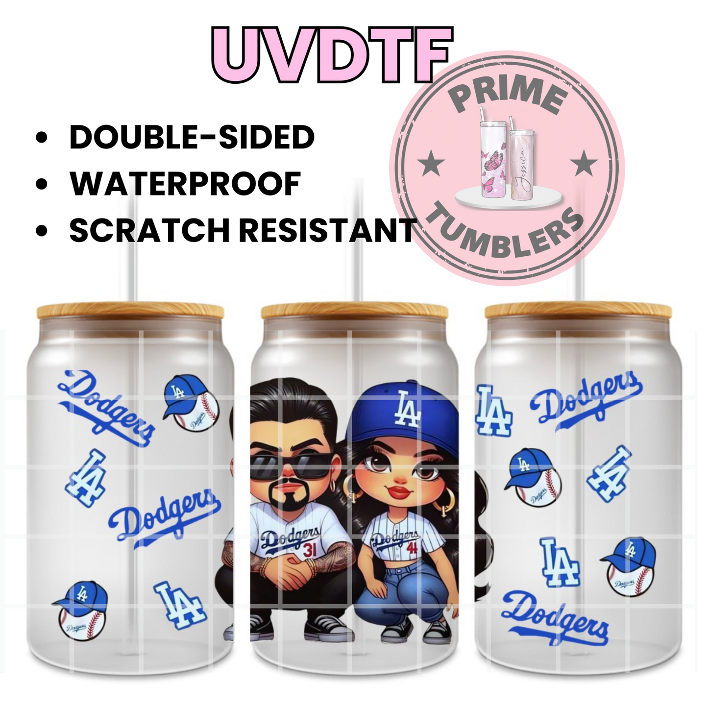 LA Dodgers Los Angeles baseball COUPLE Ready-to-press UVDTF Transfers, Cup wrap decals, Tumbler prints, 16oz Libbey Glass UV STICKERS BLUE