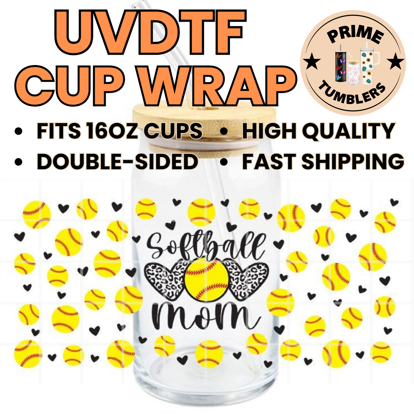 SOFTBALL MOM Ready-to-press UVDTF Transfers, Cup wrap decals, Tumbler prints, 16oz Libbey Glass UV STICKERS BASEBALL SPORT
