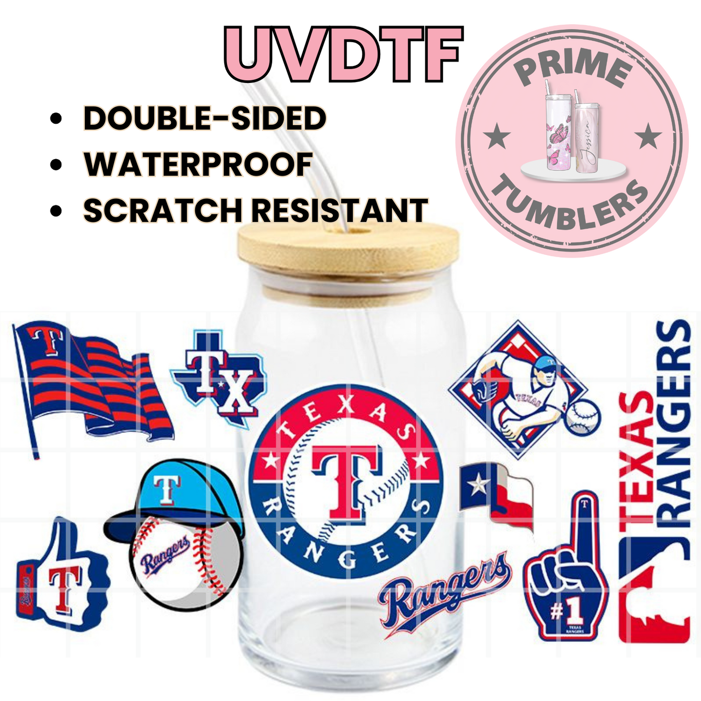 TEXAS Rangers Ready-to-press UVDTF Transfers, Cup wrap decals, Tumbler prints, 16oz Libbey Glass UV STICKERS BASEBALL