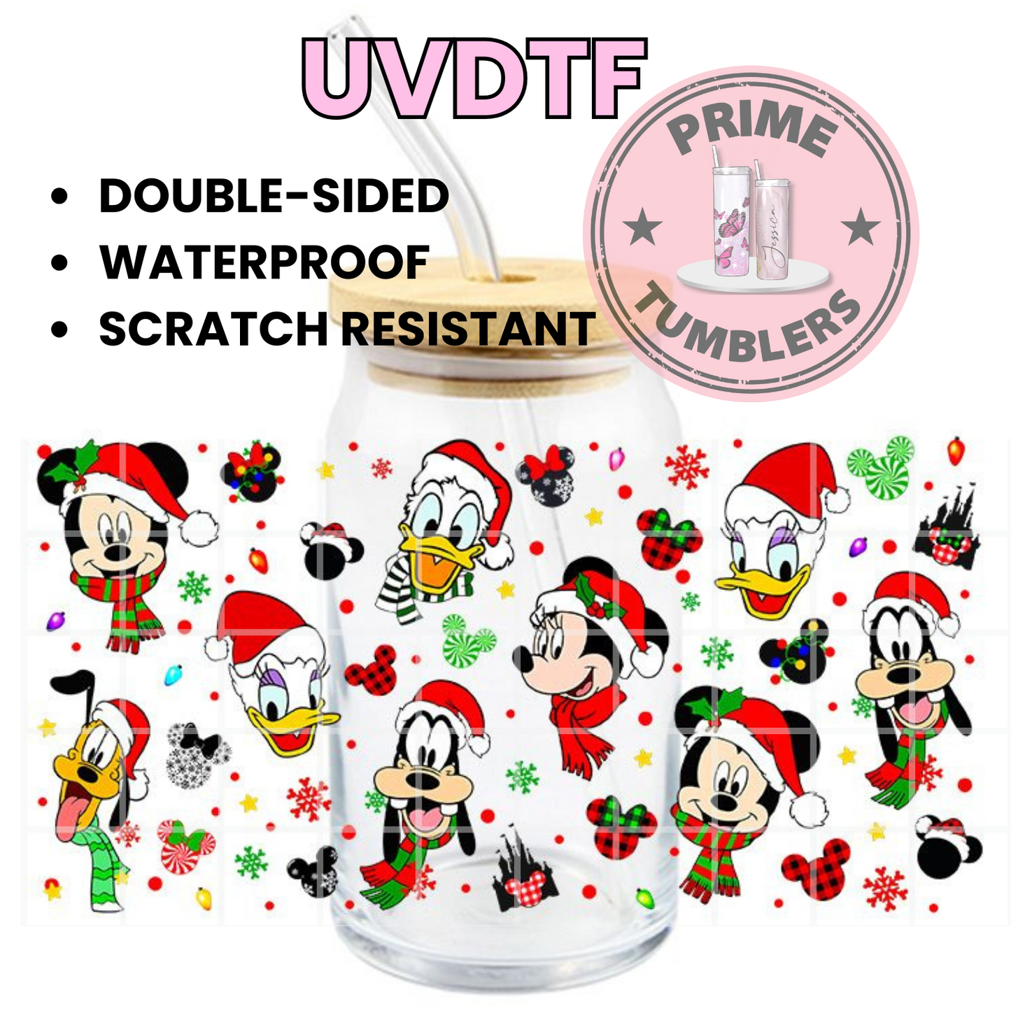 DISNEY Minnie Mouse Mickey Donald Daisy Duck Goofy Characters 16oz UVDTF cup wrap, ready to apply STICKERS CHRISTMAS