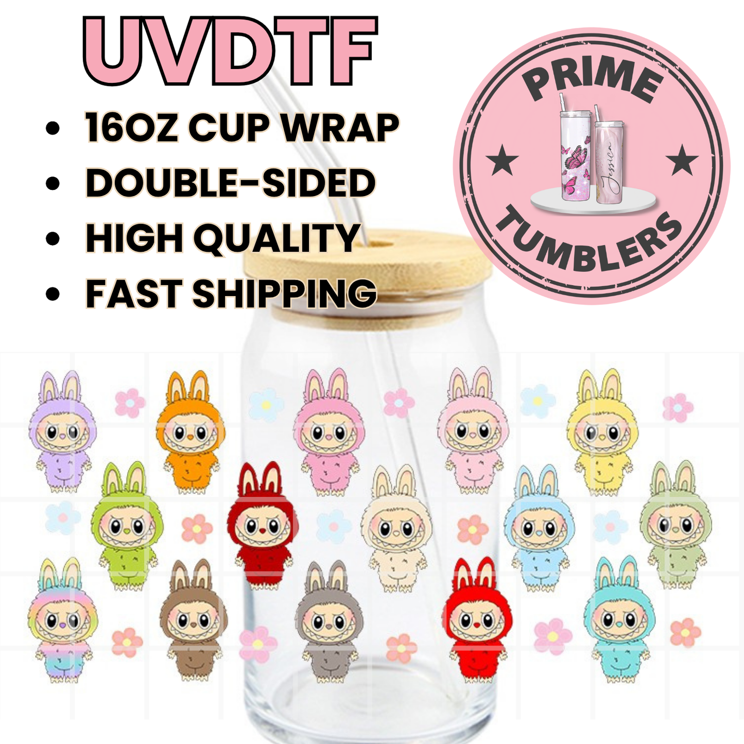 LABUBU flowers 16oz Libbey Glass Cup Wrap UVDTF, Ready to apply decal STICKERS Labubus aesthetic plush dolls The Monsters Pop Mart