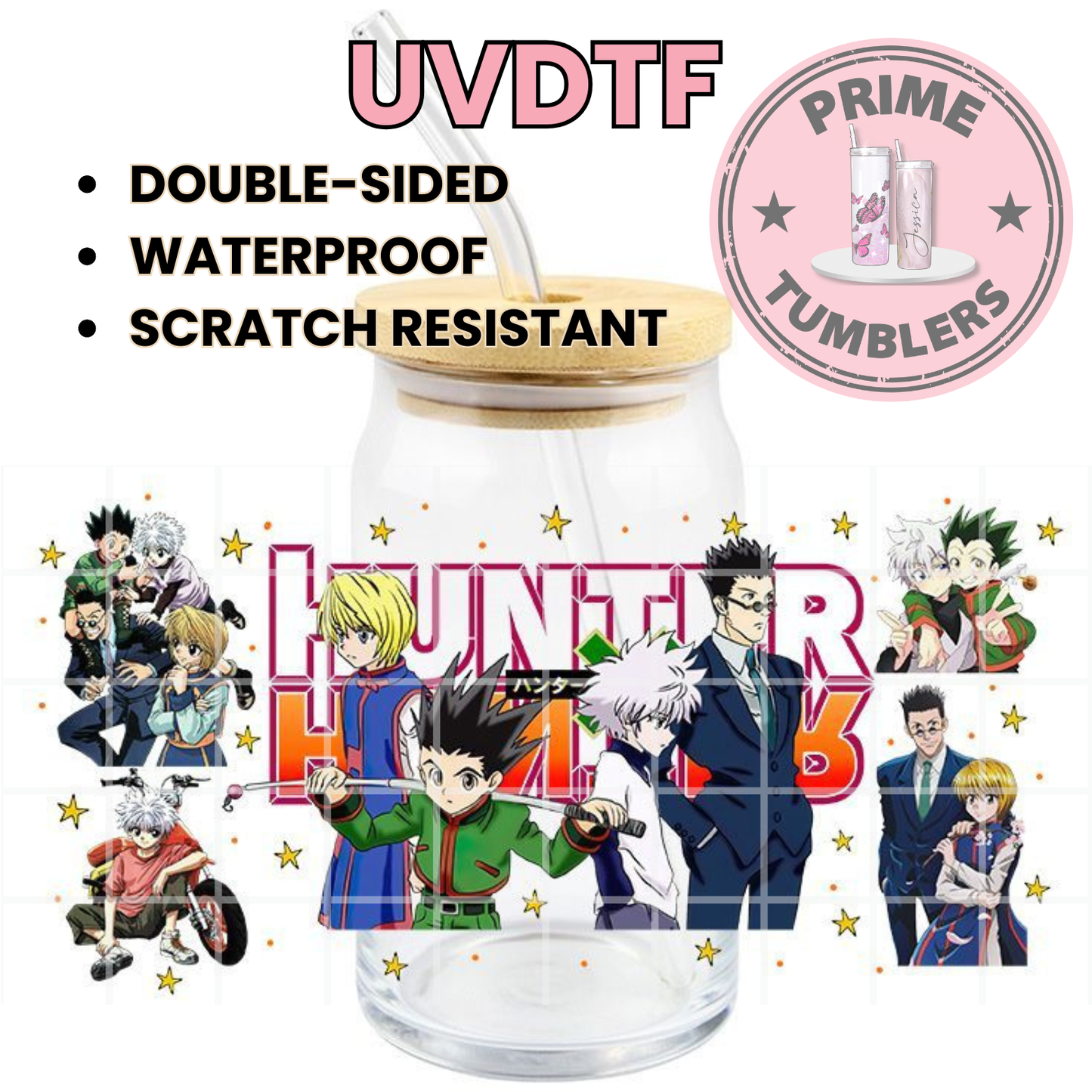 HUNTER × Hunter Ready-to-press UVDTF Transfers, Cup wrap decals, Tumbler prints, 16oz Libbey Glass UV STICKERS Anime and Manga SERIES Gon Freecss, Killua Zoldyck, Kurapika, and Leorio Paradinight