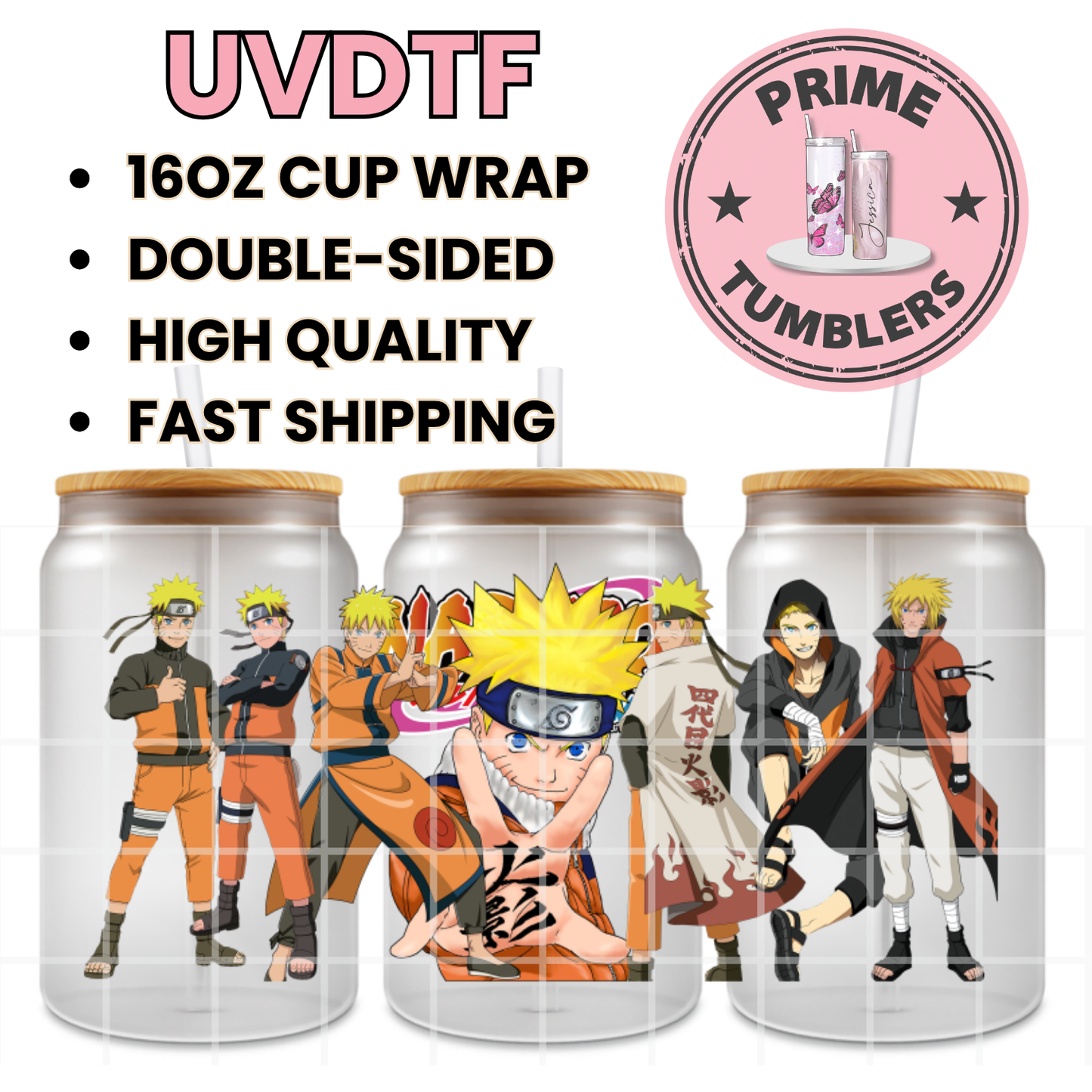 NARUTO Uzumaki anime Ready-to-press UVDTF Transfers, Cup wrap decals, Tumbler prints, 16oz Libbey Glass UV STICKERS Yondaime Hokage