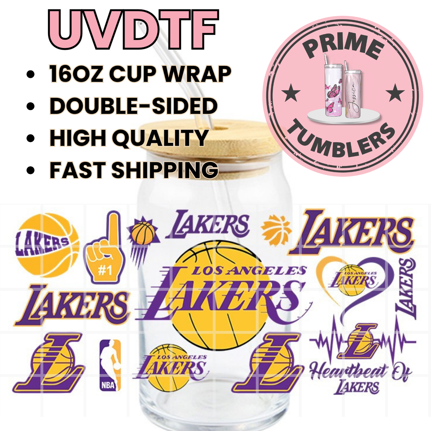 Los Angeles LAKERS basketball Ready-to-press UVDTF Transfers, Cup wrap decals, Tumbler prints, 16oz Libbey Glass UV STICKERS purple