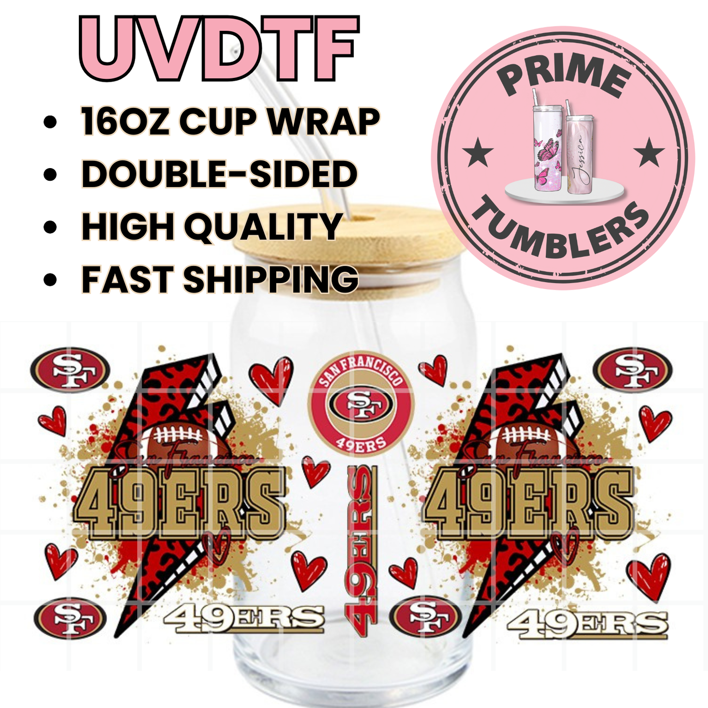 Thunder hearts Football 49ers Niners SF San Francisco 16oz UVDTF cup wrap, ready to apply STICKERS