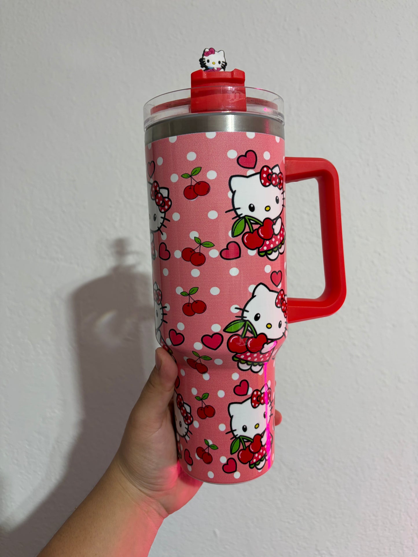 Hello Kitty CHERRY and hearts 40oz Stainless Steel Tumbler | Stanley Dupe SANRIO pink