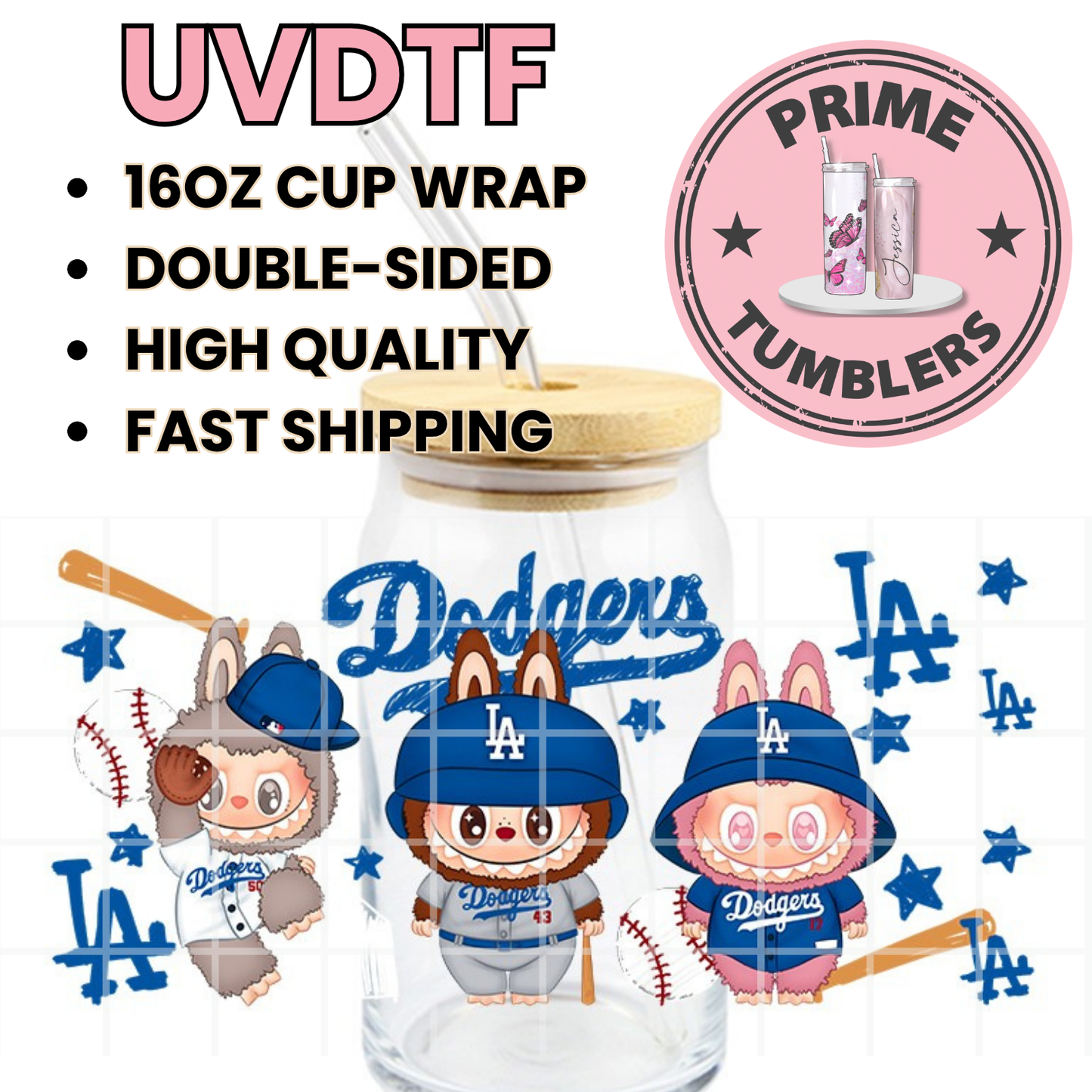 LA DODGERS Los Angeles LABUBU Ready-to-press UVDTF Transfers, Cup wrap decals, Tumbler prints, 16oz Libbey Glass UV STICKERS