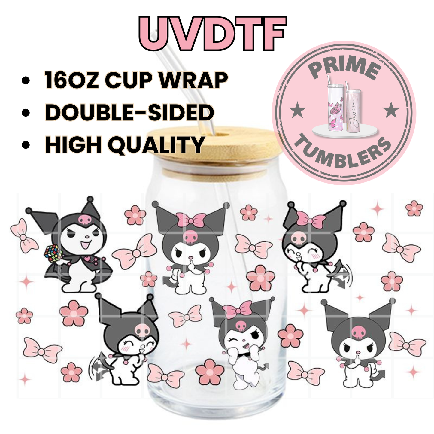 KUROMI pink 16oz UVDTF cup wrap, ready to apply STICKERS Friends 6 bows