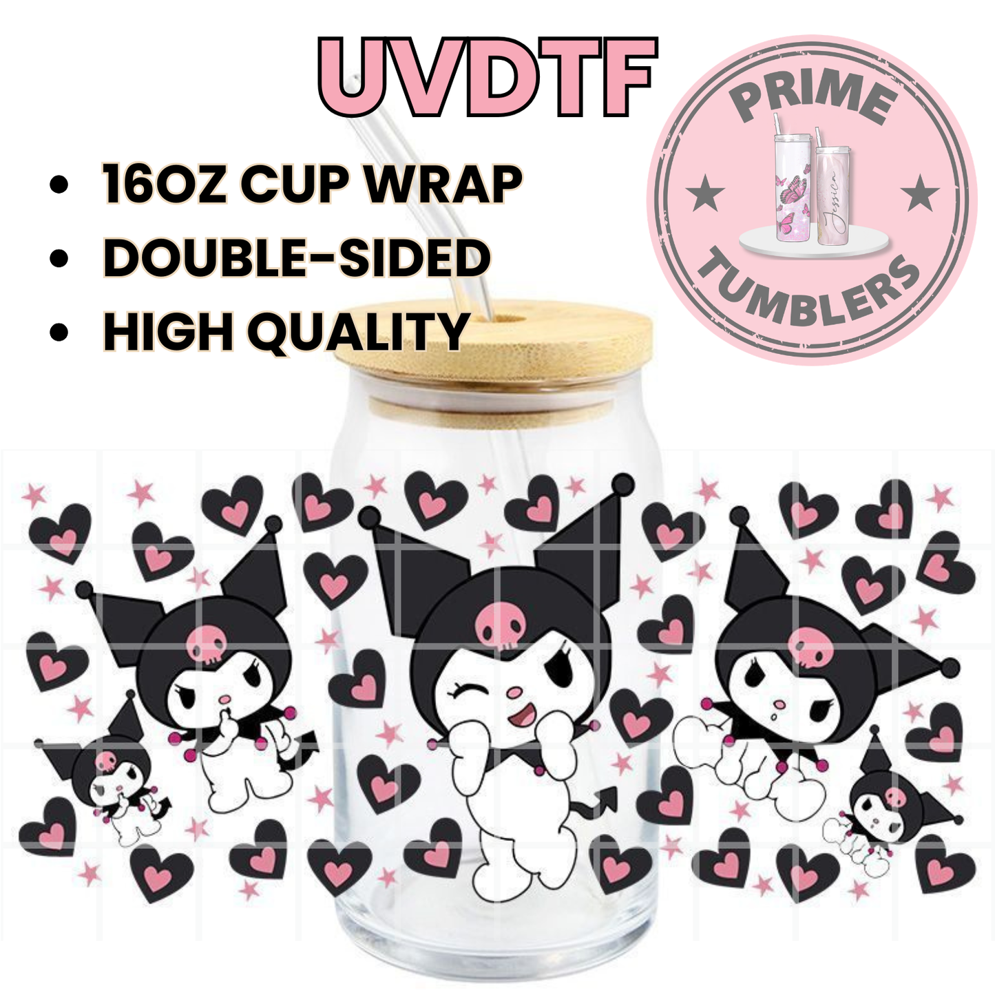 KUROMI hearts pink/black 16oz UVDTF cup wrap, ready to apply STICKERS Friends