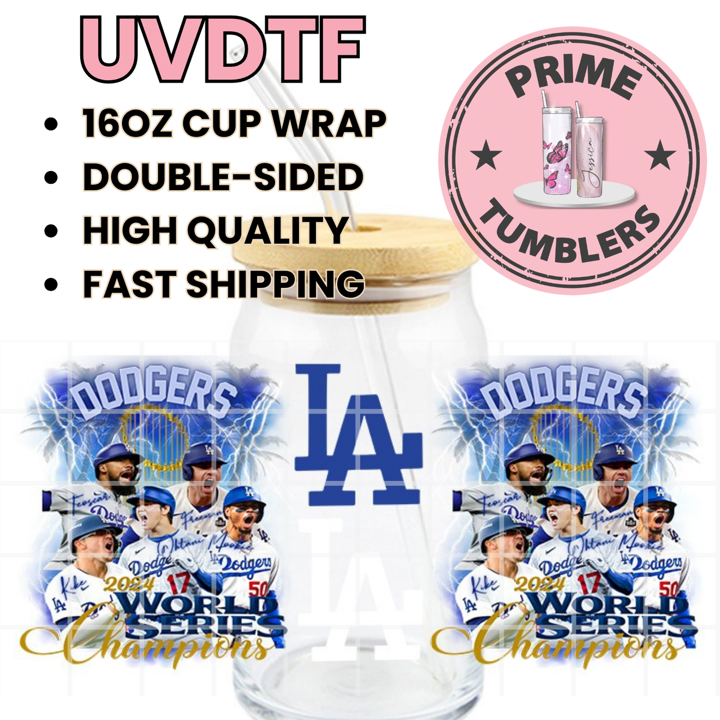 LA DODGERS Los Angeles World Series Ready-to-press UVDTF Transfers, Cup wrap decals, Tumbler prints, 16oz Libbey Glass UV STICKERS