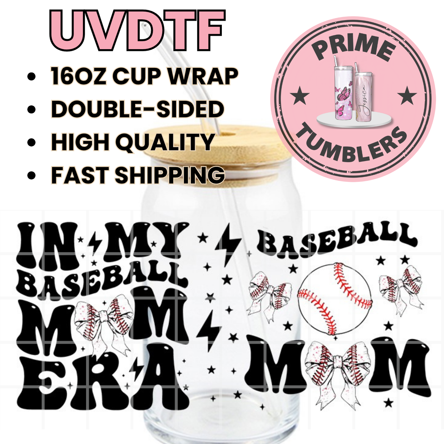 In my BASEBALL mom ERA Ready-to-press UVDTF Transfers, Cup wrap decals, Tumbler prints, 16oz Libbey Glass UV STICKERS