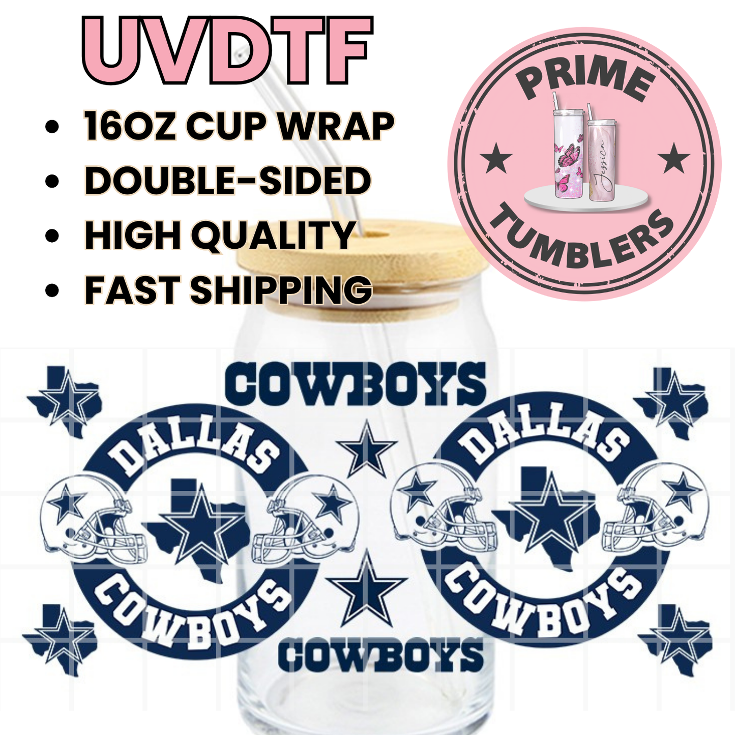 Dallas COWBOYS Football 16oz UVDTF cup wrap, ready to apply STICKERS blue double side
