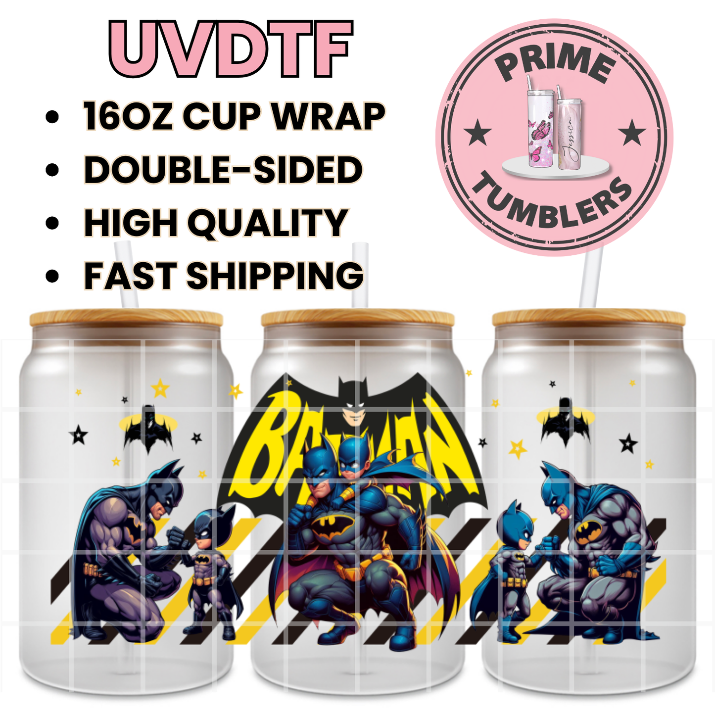 Batman and a young Robin-like character DAD son 16oz UVDTF cup wrap, ready to apply STICKER decal