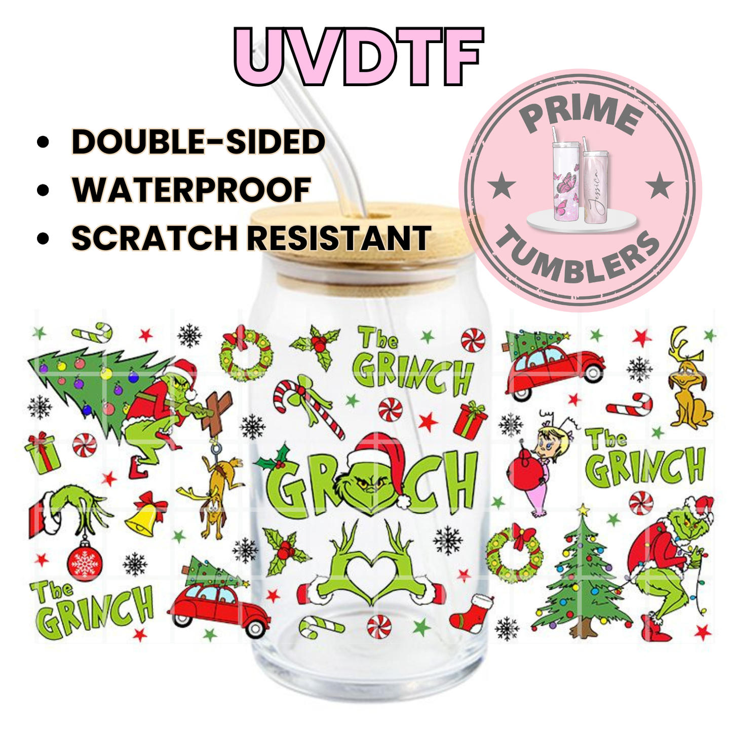 The Grinch Ready-to-press UVDTF Transfers, Cup wrap decals, Tumbler prints, 16oz Libbey Glass UV STICKERS Merry CHRISTMAS