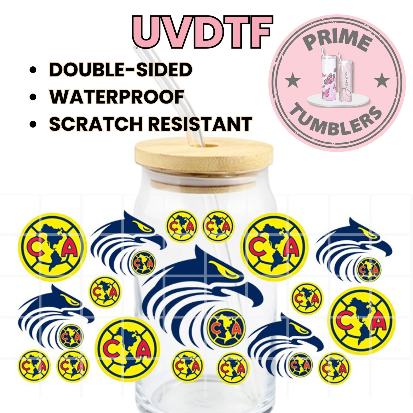 Club AMERICA soccer Mexico Las Aguilas Ready-to-Press UVDTF Transfers, Cup Wrap Decals, Tumbler Prints, 16oz Libbey Glass UV STICKERS