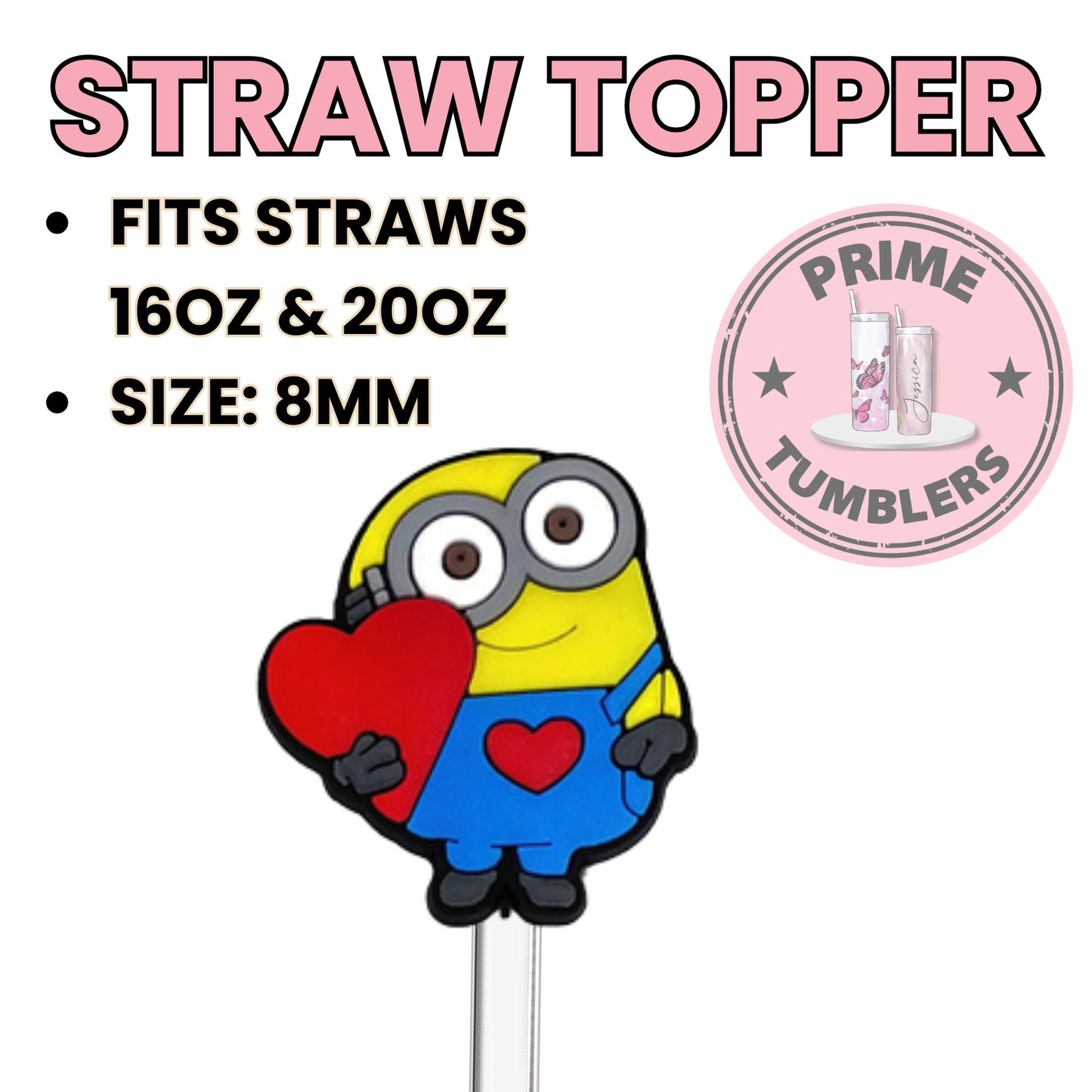 Minion Heart from Despicable me 8MM Straw Topper (Regular Size) – Silicone Straw Cover for Tumblers 16oz and 20oz
