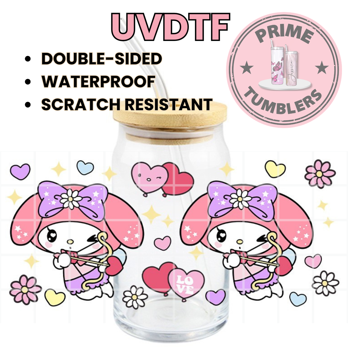 Sanrio MY MELODY Valentine’s Day 16oz UVDTF cup wrap, ready to apply STICKERS