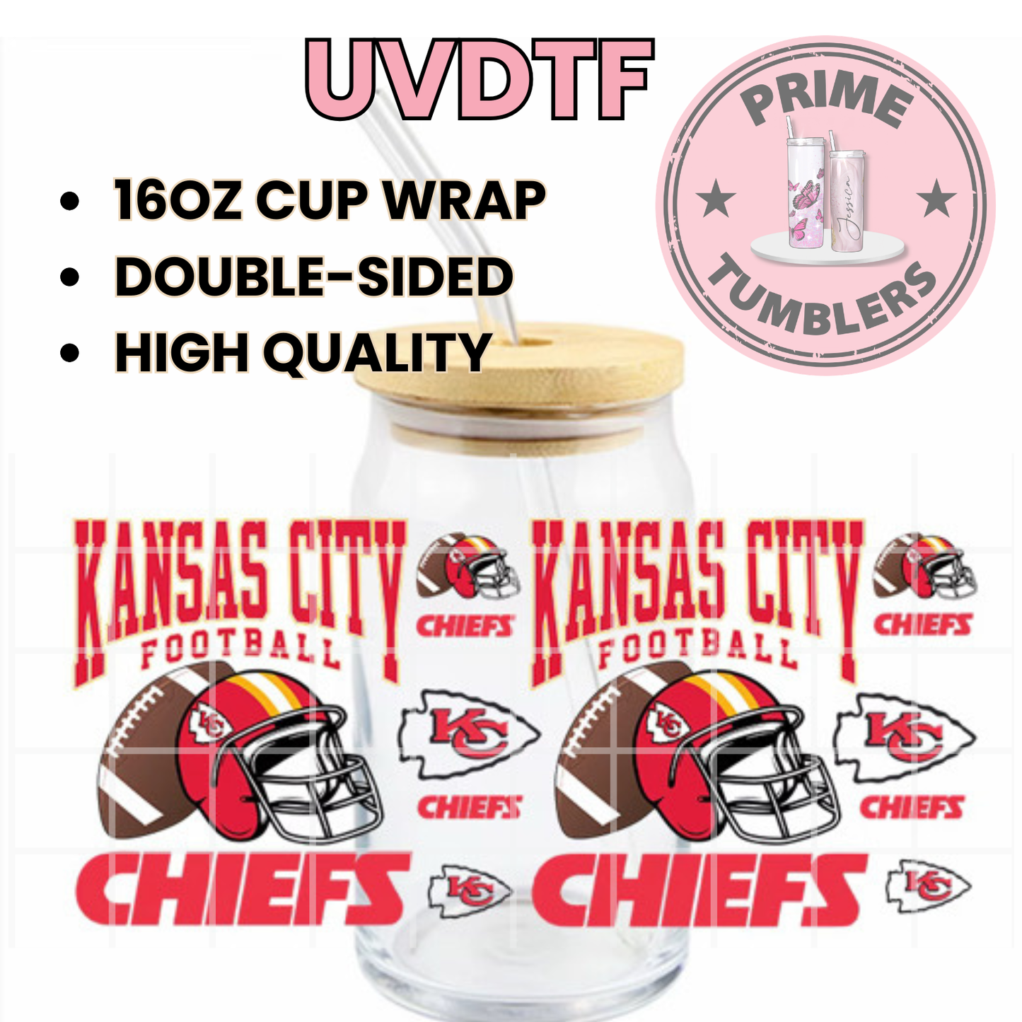 Kansas City Chiefs Football team 16oz UVDTF cup wrap, ready to apply STICKERS red double side