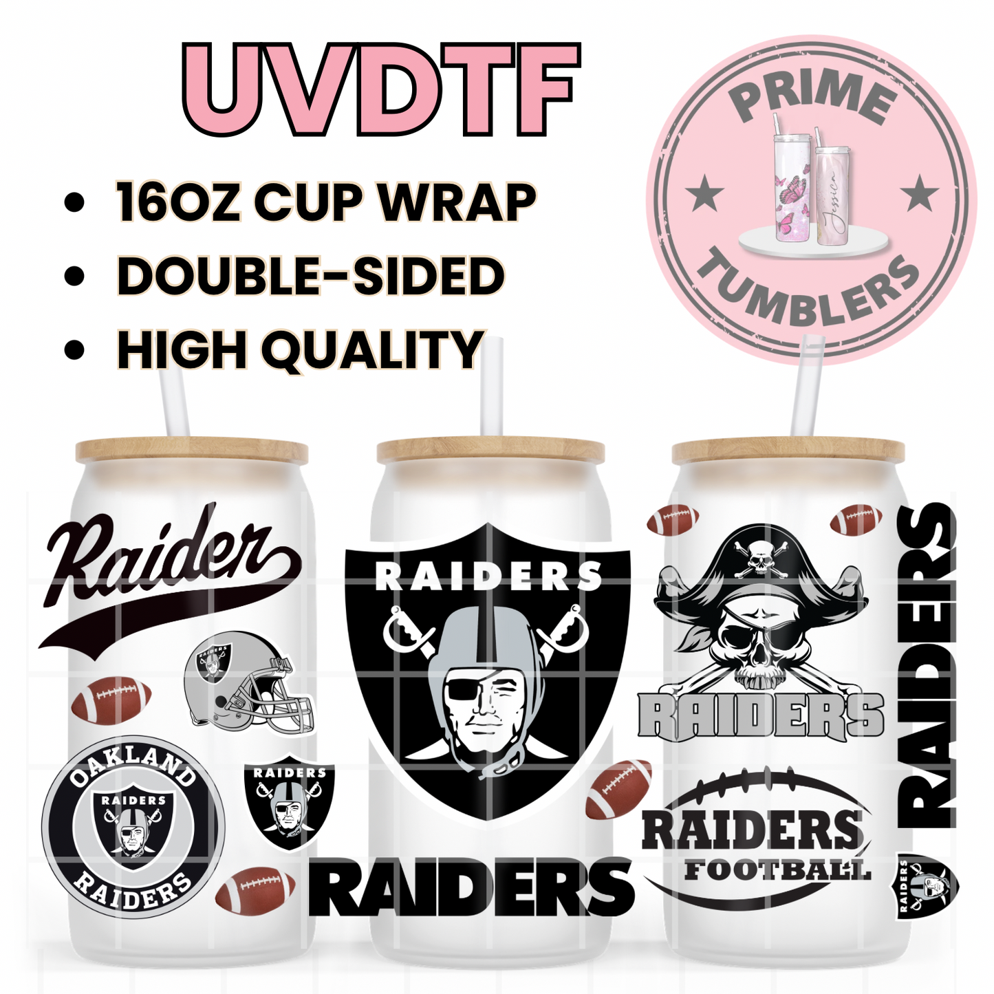 RAIDERS Football black shield Oakland 16oz UVDTF cup wrap, ready to apply STICKERS