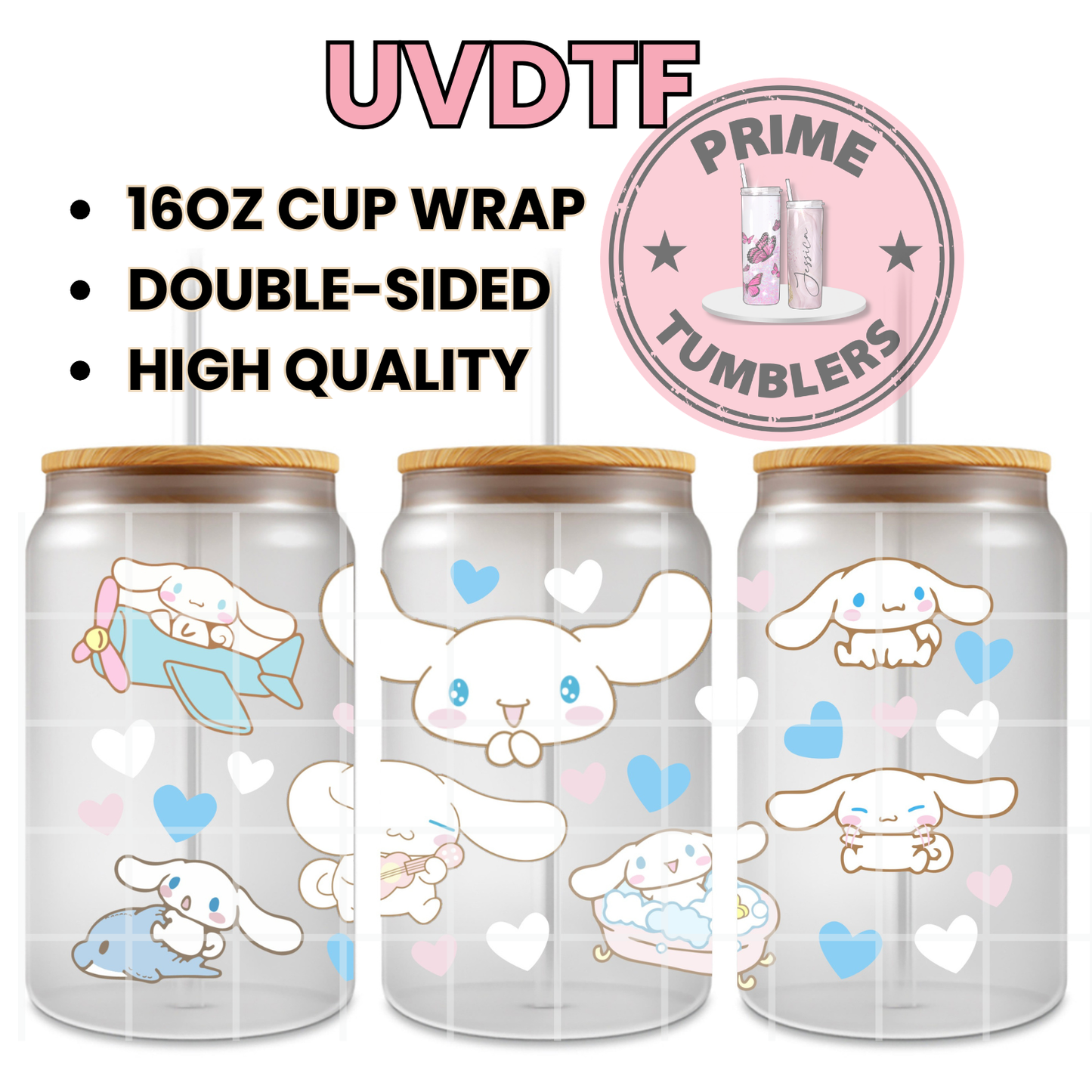 Sanrio Cinnamonroll white Ready-to-press UVDTF Transfers, Cup wrap decals, Tumbler prints, 16oz Libbey Glass UV STICKERS blue hearts