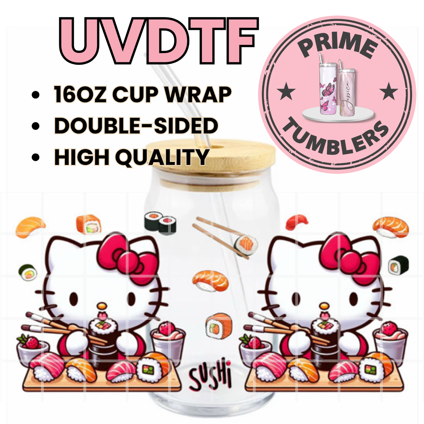 Hello Kitty SUSHI 16oz UVDTF cup wrap, ready to apply STICKERS Sanrio HK Kawaii EXCLUSIVE