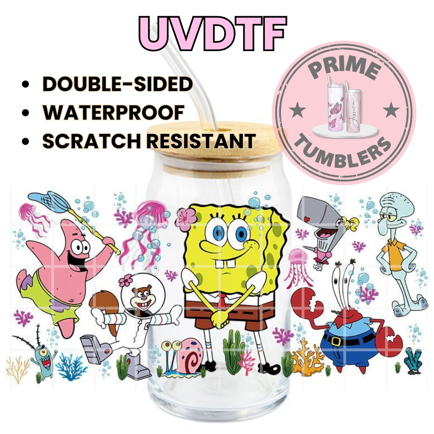 Yellow SpongeBob Square Pants, Patrick, Mr. Krabs, Plankton, Sandy, Squidward, Gary, and Pearl 16oz UVDTF cup wrap, ready to apply STICKERS Disney cartoon