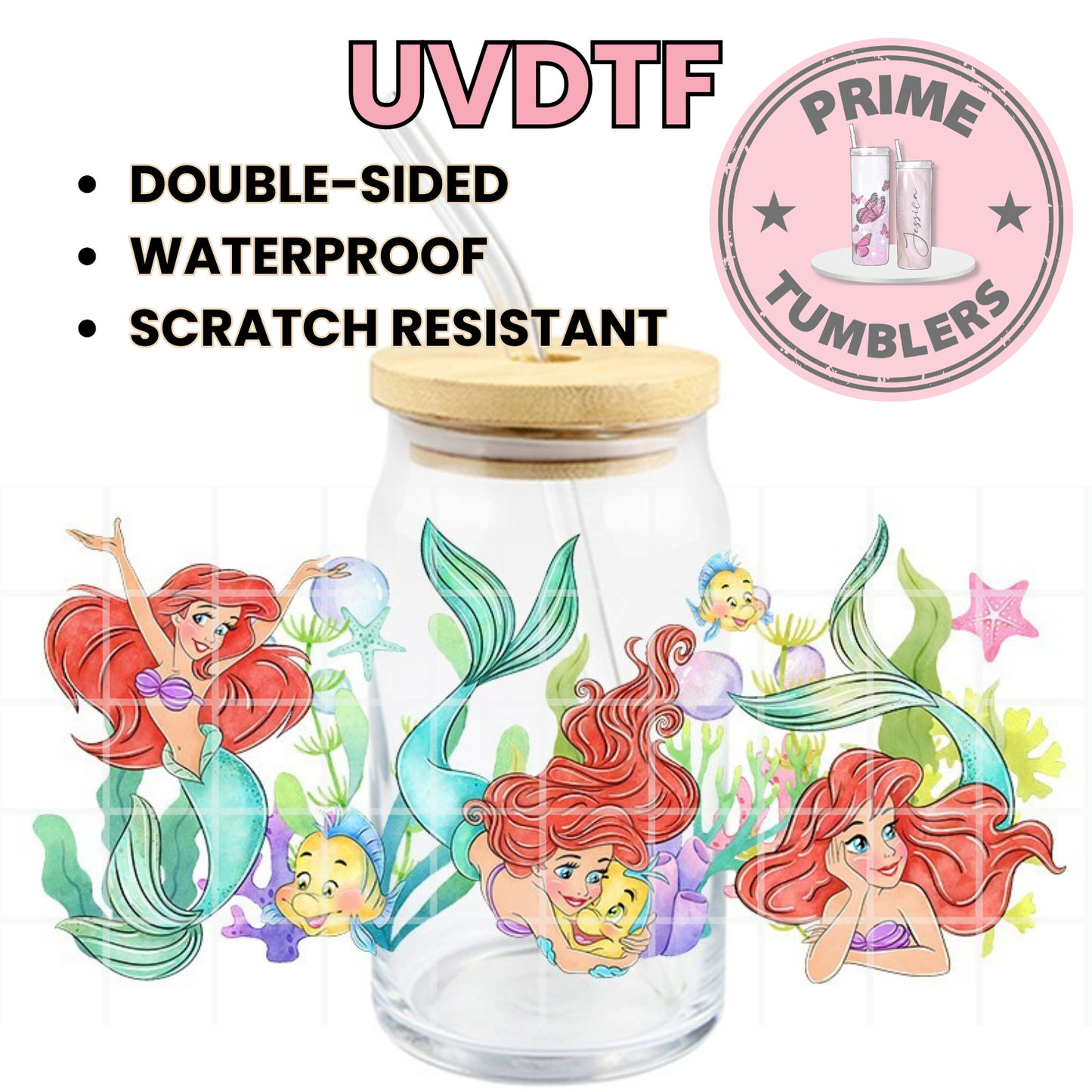 Disney's The Little Mermaid movie 16oz glass can UVDTF cup wrap, ready to apply STICKERS decals Ariel and Flounder sirenita