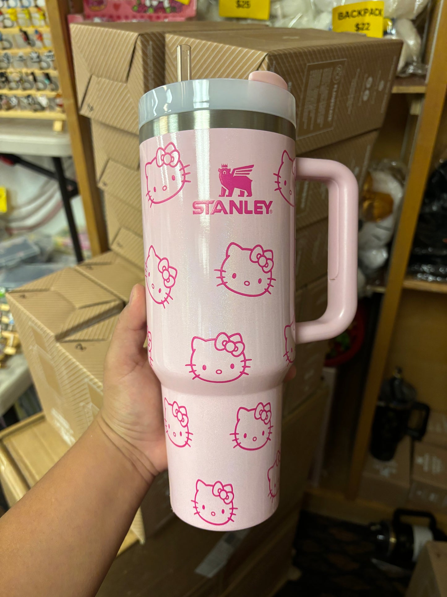 Hello Kitty Pink Shimmer Glossy 40oz Tumbler with Handle & Straw | Stanley-Style Insulated Cup (Dupe)
