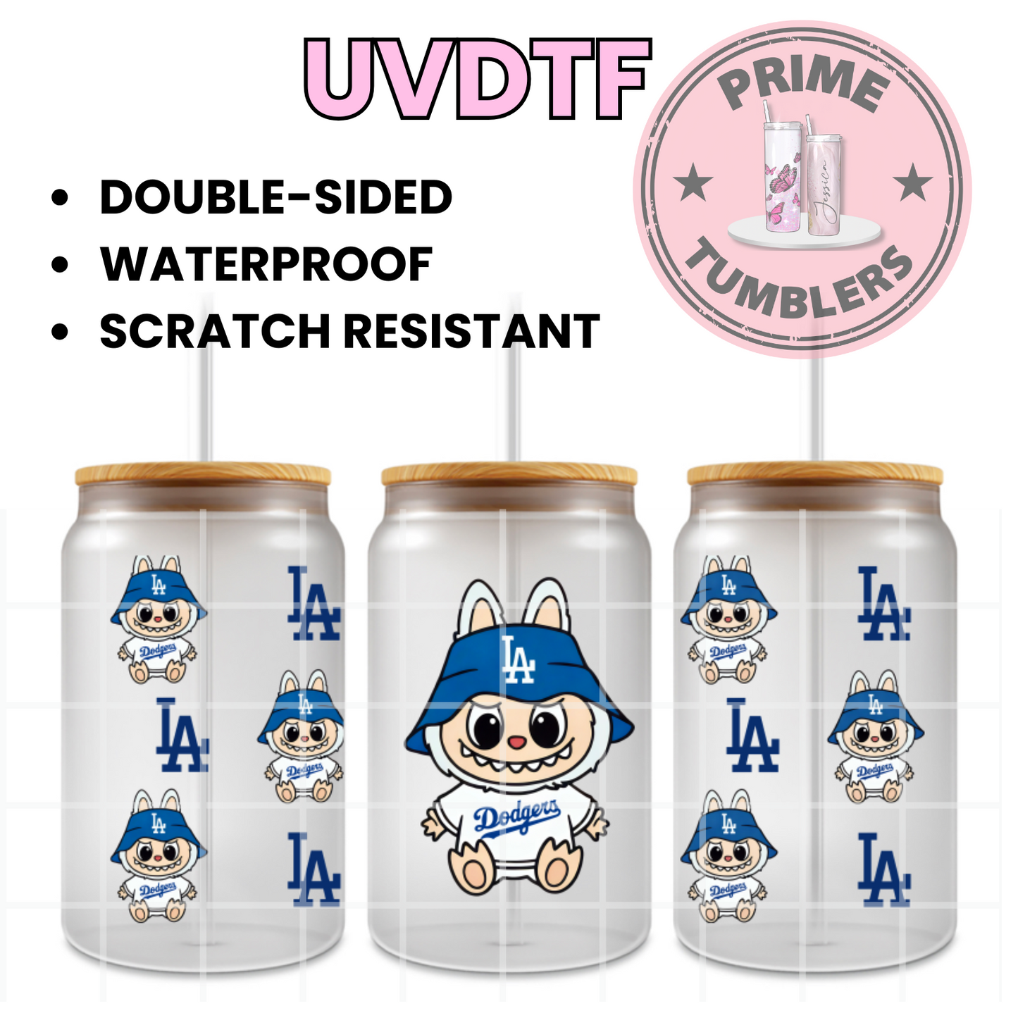 LA Dodgers Los Angeles baseball LABUBU Ready-to-press UVDTF Transfers, Cup wrap decals, Tumbler prints, 16oz Libbey Glass UV STICKERS