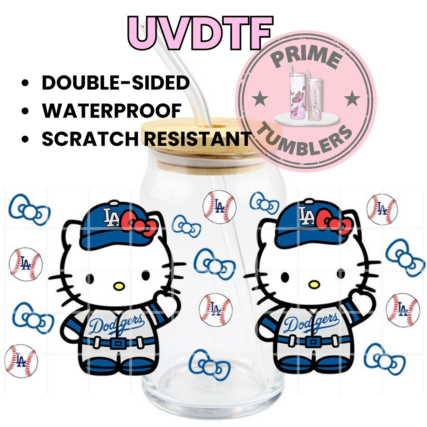 LA Dodgers Los Angeles baseball hk HELLO KITTY Ready-to-press UVDTF Transfers, Cup wrap decals, Tumbler prints, 16oz Libbey Glass UV STICKERS Sanrio