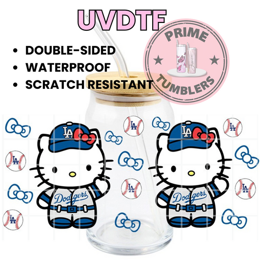 LA Dodgers Los Angeles baseball hk HELLO KITTY Ready-to-press UVDTF Transfers, Cup wrap decals, Tumbler prints, 16oz Libbey Glass UV STICKERS Sanrio