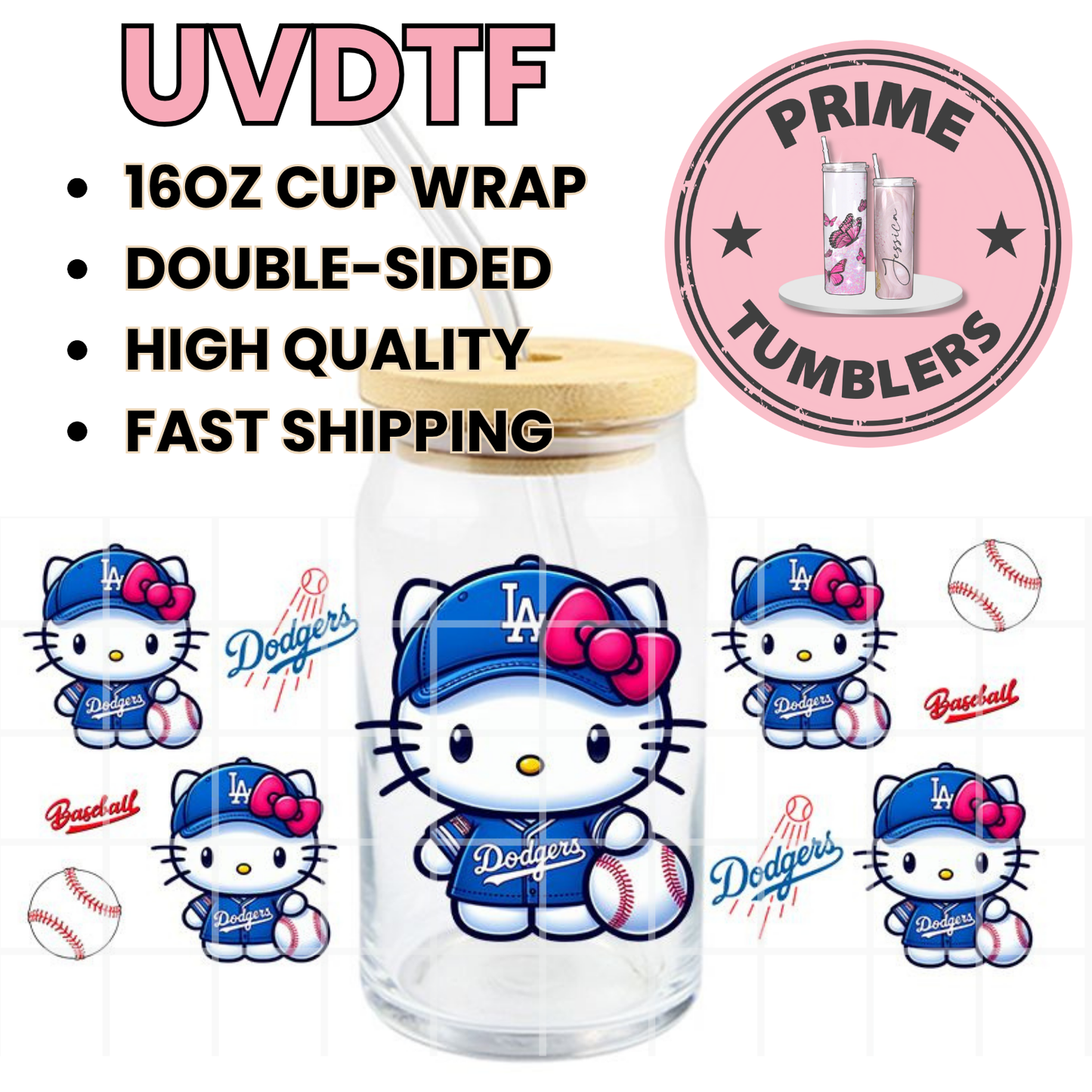 LA DODGERS Los Angeles Hello Kitty Ready-to-press UVDTF Transfers, Cup wrap decals, Tumbler prints, 16oz Libbey Glass UV STICKERS Baseball Kawaii pink BOW