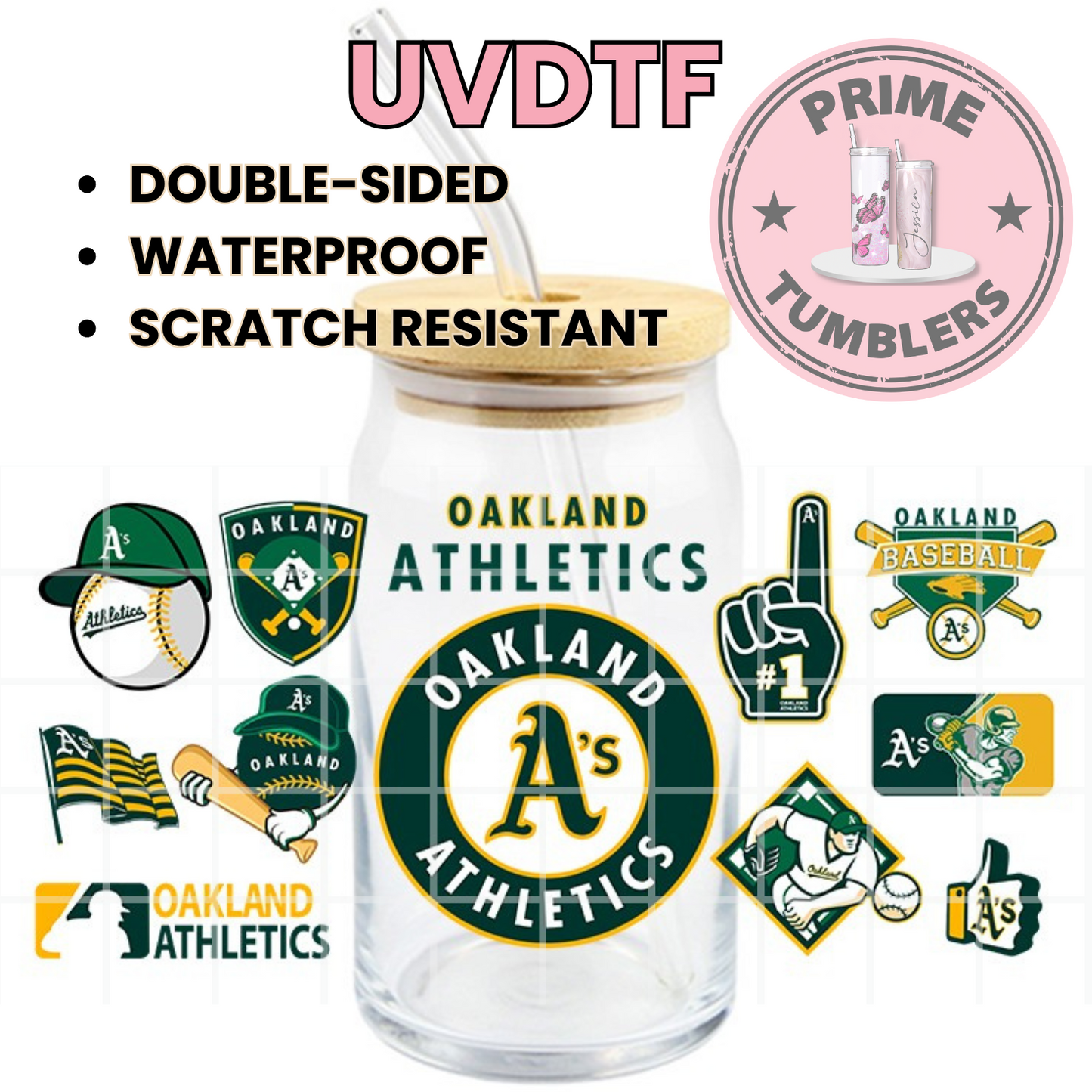 Athletics OAKLAND Ready-to-press UVDTF Transfers, Cup wrap decals, Tumbler prints, 16oz Libbey Glass UV STICKERS BASEBALL A'S