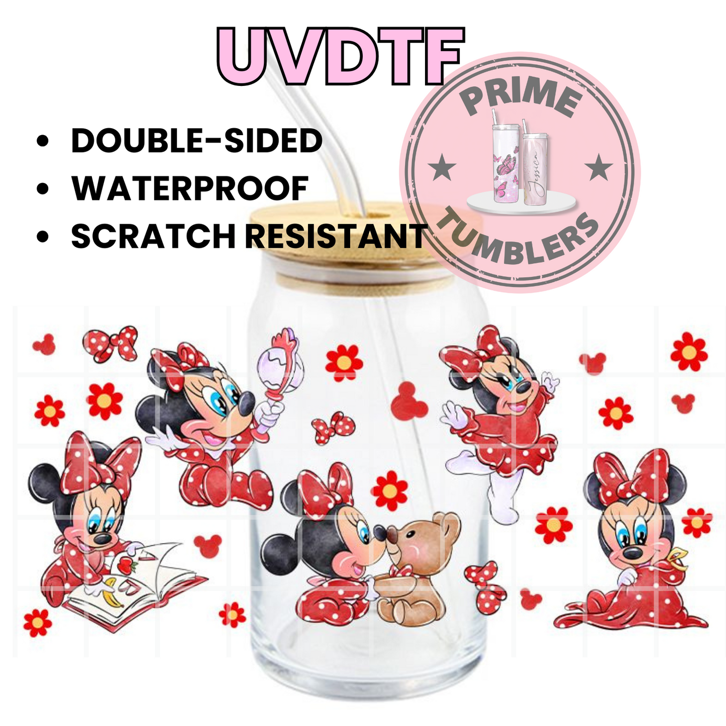 DISNEY Baby Minnie Mouse RED 16oz UVDTF cup wrap, ready to apply STICKERS