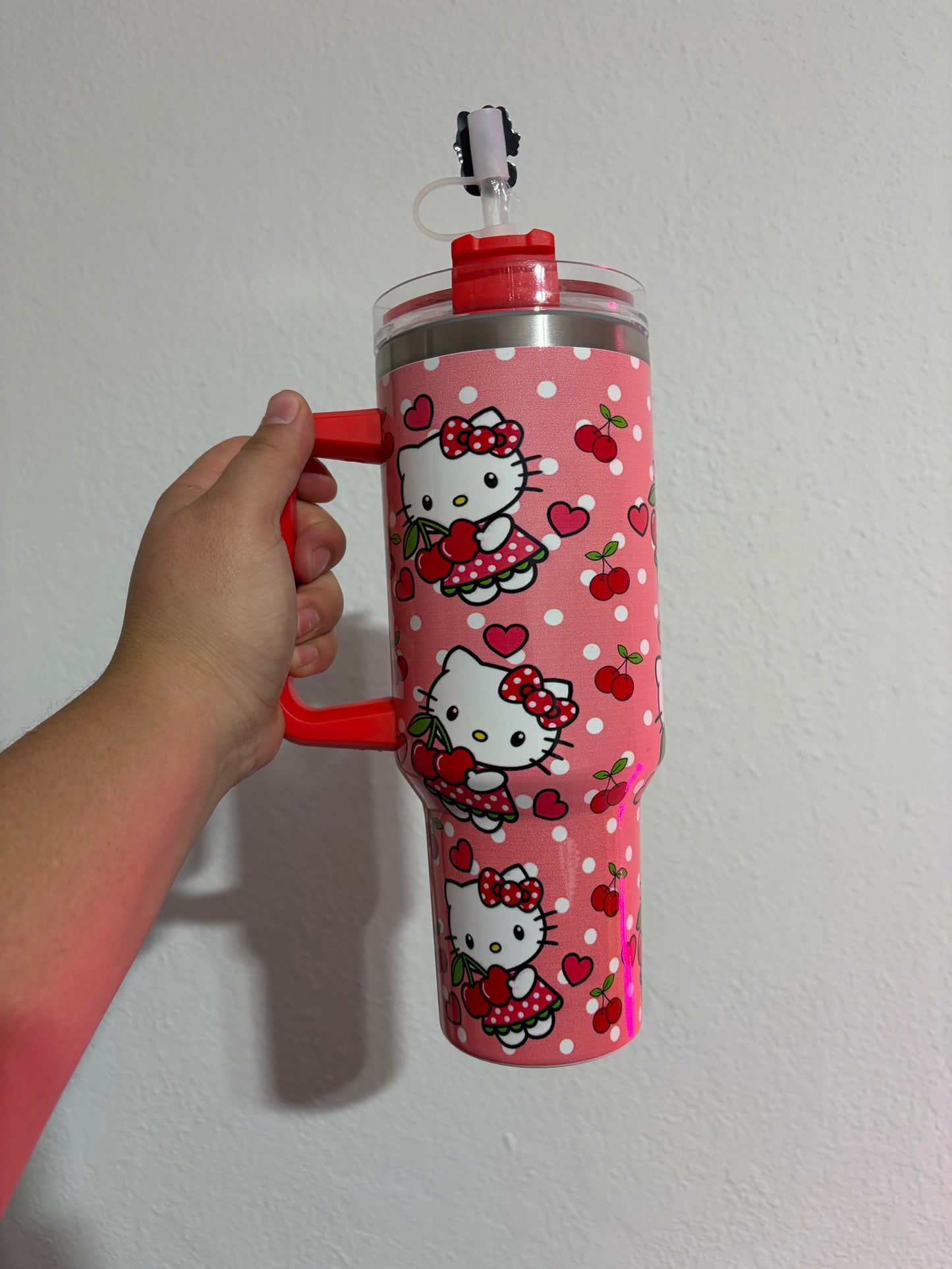 Hello Kitty CHERRY and hearts 40oz Stainless Steel Tumbler | Stanley Dupe SANRIO pink