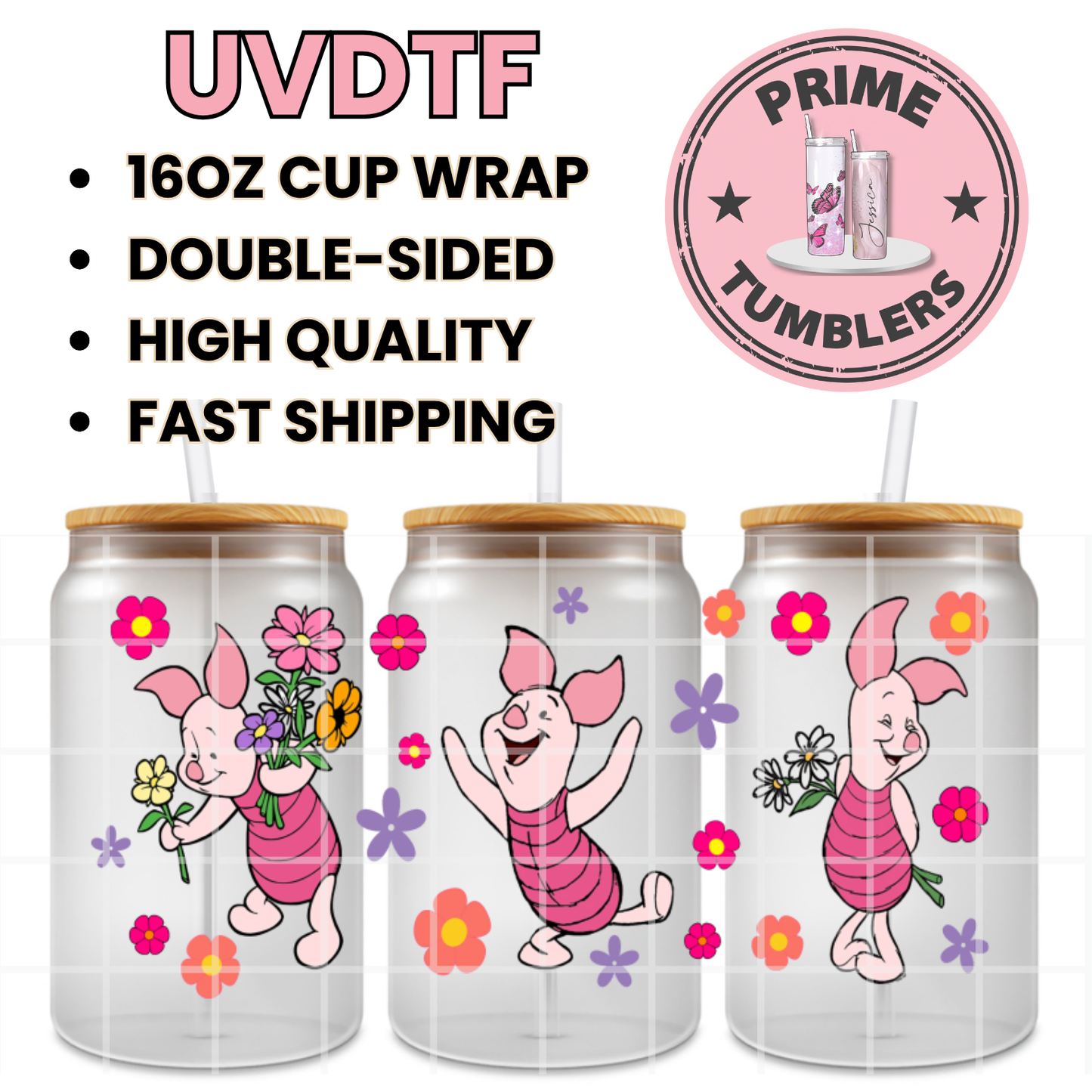 Disney’s Winnie the Pooh Friend: Piglet pink pig 16oz UVDTF cup wrap, ready to apply STICKERS Disney