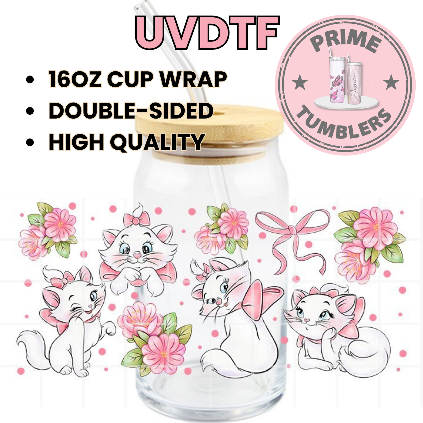 Marie Disney the Aristocats PINK bows crown 16oz UVDTF cup wrap, ready to apply STICKERS Turkish Angora Cat, female kitten of Duchess and the sister of Berlioz and Toulouse