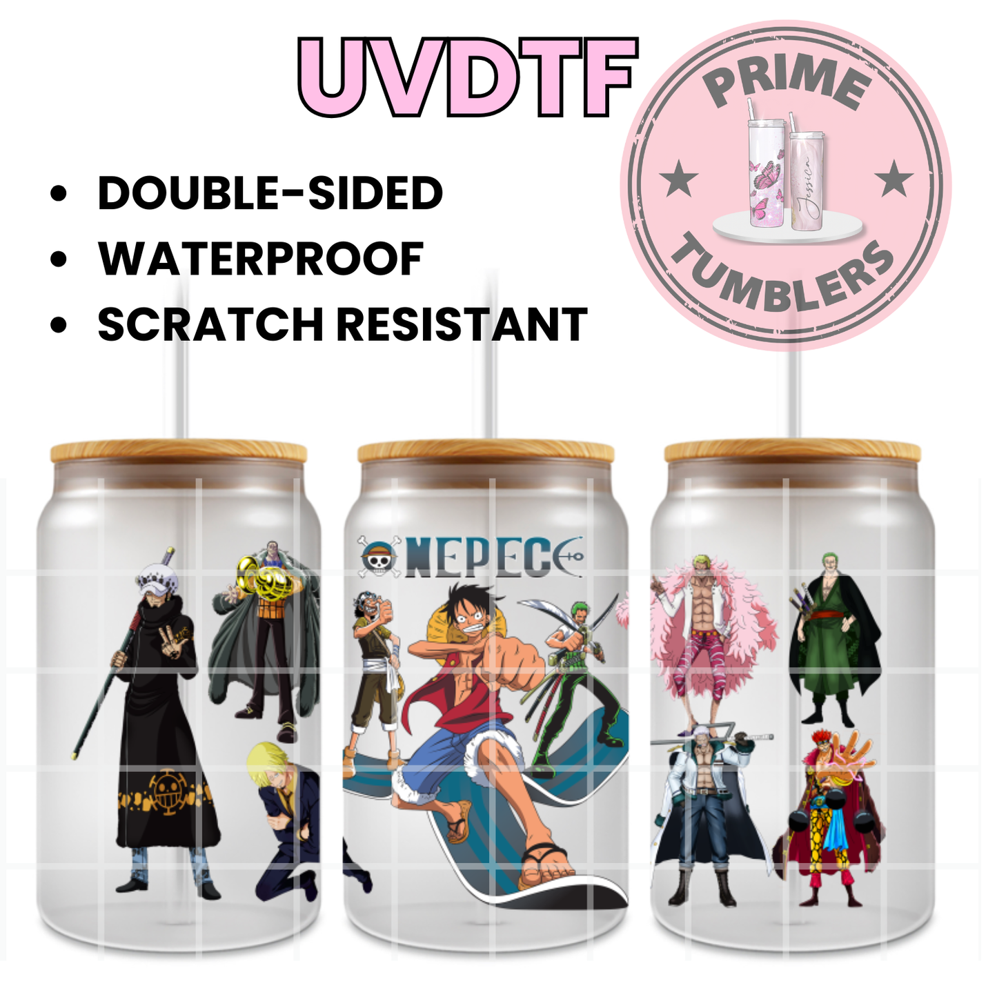ONE PIECE Ready-to-press UVDTF Transfers, Cup wrap decals, Tumbler prints, 16oz Libbey Glass UV STICKERS Anime and Manga SERIES 1 Monkey D. Luffy, King of the Pirates, Trafalgar Law, Sanji, Donquixote Doflamingo and Roronoa Zoro