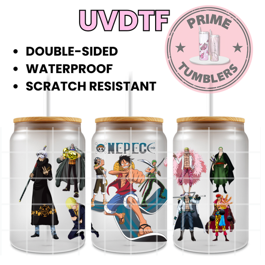ONE PIECE Ready-to-press UVDTF Transfers, Cup wrap decals, Tumbler prints, 16oz Libbey Glass UV STICKERS Anime and Manga SERIES 1 Monkey D. Luffy, King of the Pirates, Trafalgar Law, Sanji, Donquixote Doflamingo and Roronoa Zoro