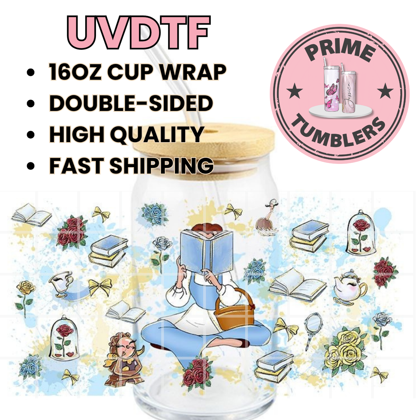 Disney movie Beauty Belle and the Beast 16oz Libbey Glass Cup Wrap UVDTF, Ready to apply decal STICKERS Books love reading Mrs. Potts (teapot), Chip (teacup), and Lumière (candelabra)