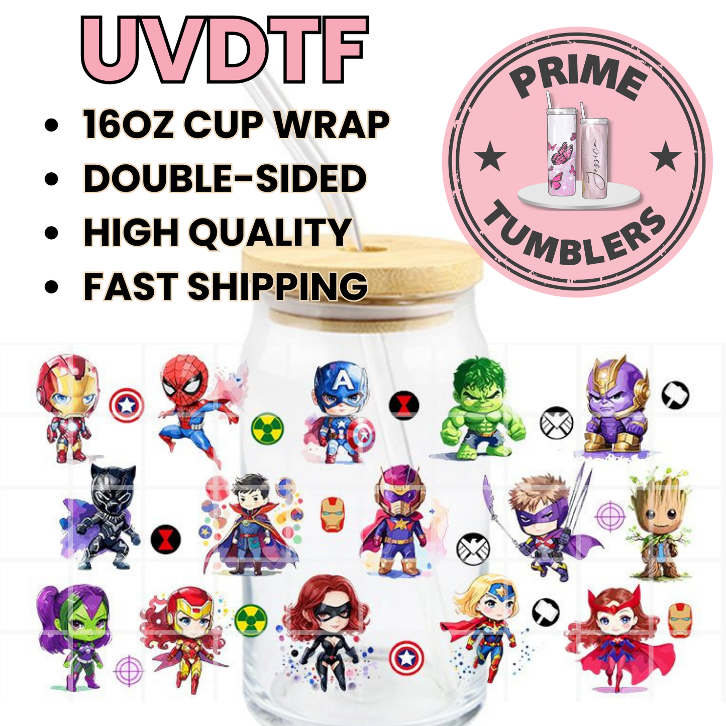 Marvel Avengers superheroes 16oz UVDTF cup wrap, ready to apply STICKERS chibi kawaii villains Iron Man, Spider-Man Captain America, Hulk, Black Panther, Thanos, and Groot