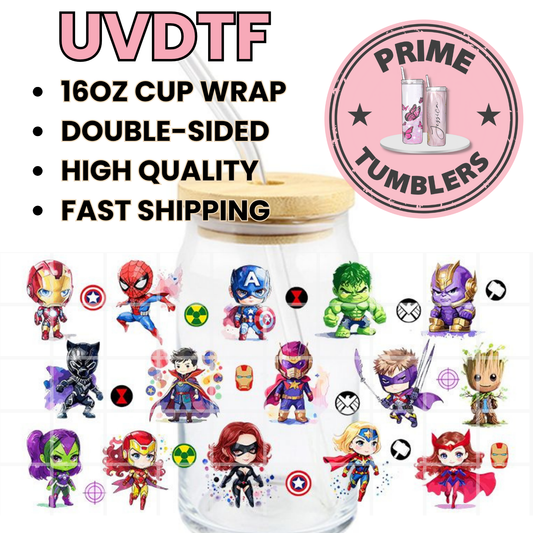 Marvel Avengers superheroes 16oz UVDTF cup wrap, ready to apply STICKERS chibi kawaii villains Iron Man, Spider-Man Captain America, Hulk, Black Panther, Thanos, and Groot
