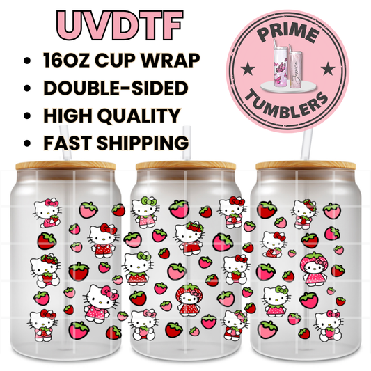 Hello Kitty Strawberries Kawaii 16oz UVDTF cup wrap, ready to apply STICKERS strawberry pink red