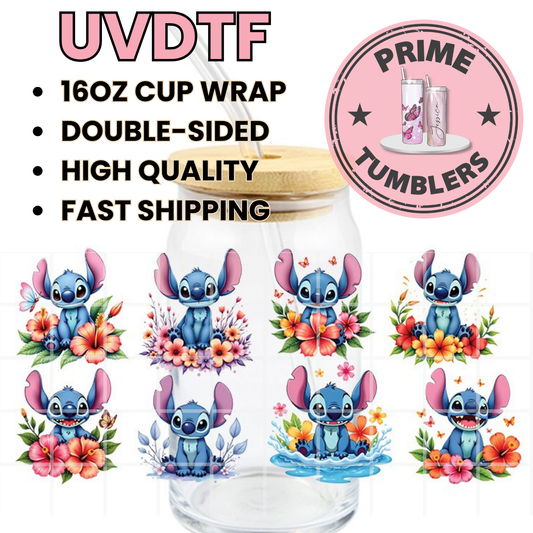 Disney movie Lilo & Stitch 16oz Libbey Glass Cup Wrap UVDTF, Ready to apply decal STICKERS tropical flowers and butterflies