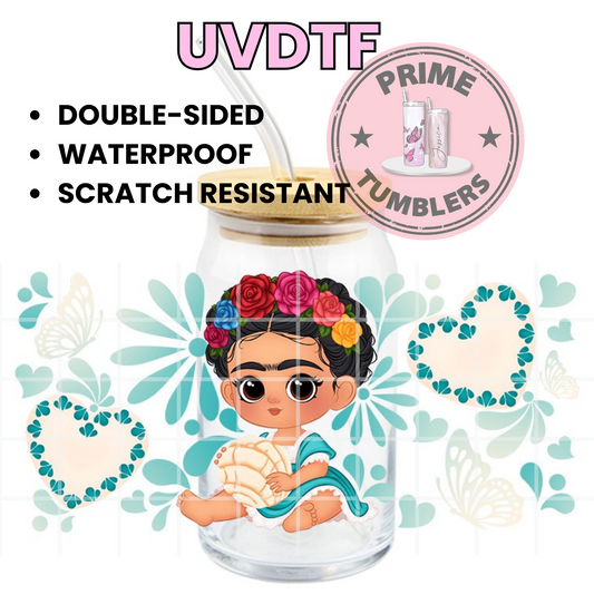 Frida Kahlo teal concha Ready-to-press UVDTF Transfers, Cup wrap decals, Tumbler prints, 16oz Libbey Glass UV STICKERS