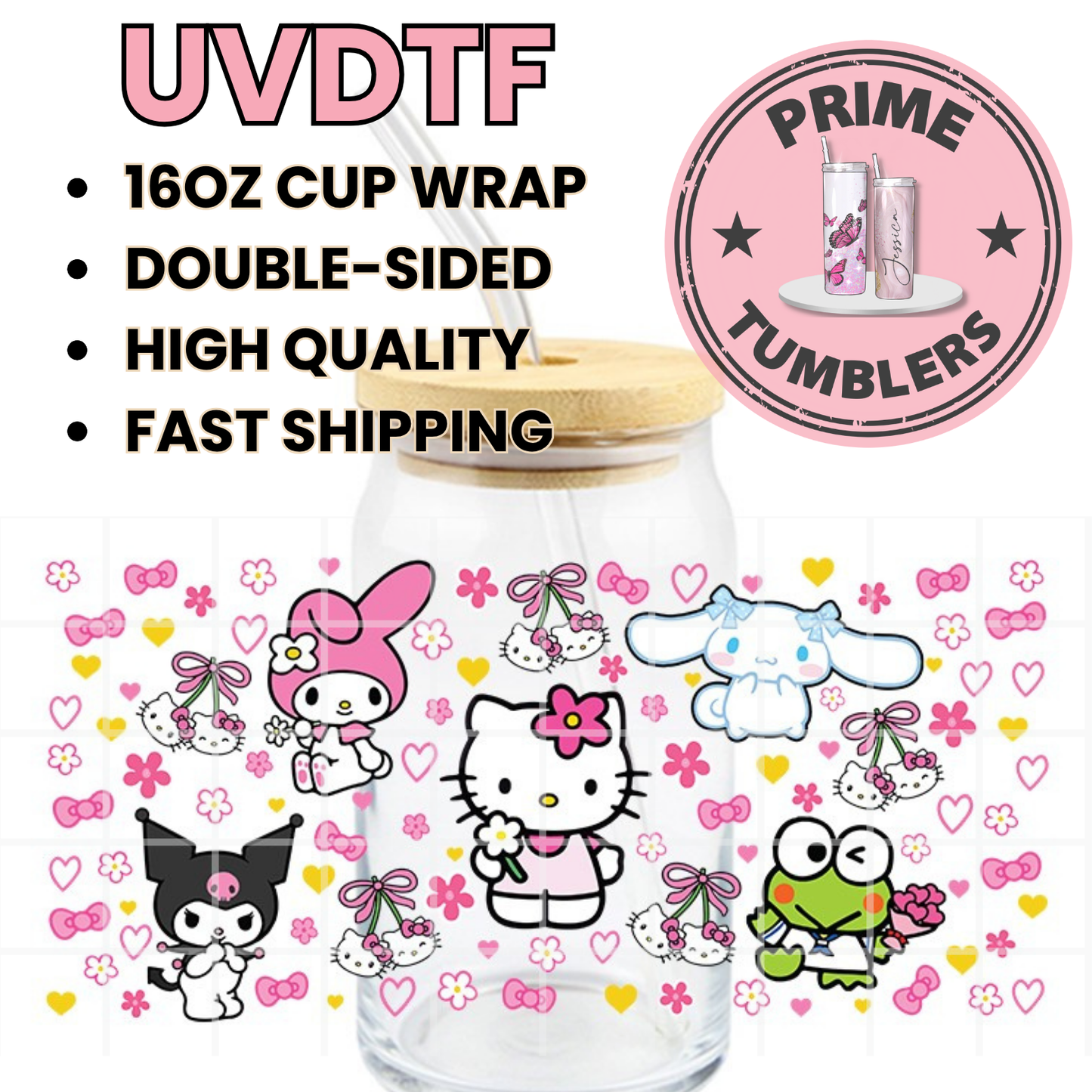 SANRIO Hello Kitty Ready-to-press UVDTF Transfers, Cup wrap decals, Tumbler prints, 16oz Libbey Glass UV STICKERS Cinnamonroll Kuromi Melody Keropi kawaii flowers