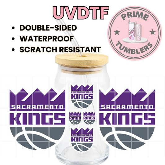 Sacramento Kings NBA Ready-to-press UVDTF Transfers, Cup wrap decals, Tumbler prints, 16oz Libbey Glass UV STICKERS Basketball purple