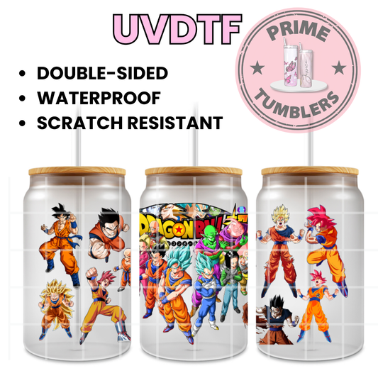 Dragon Ball Z Ready-to-press UVDTF Transfers, Cup wrap decals, Tumbler prints, 16oz Libbey Glass UV STICKERS DBZ Japanese Anime and Manga Goku, Vegeta, Gohan, Piccolo, Android 17, and Android 18